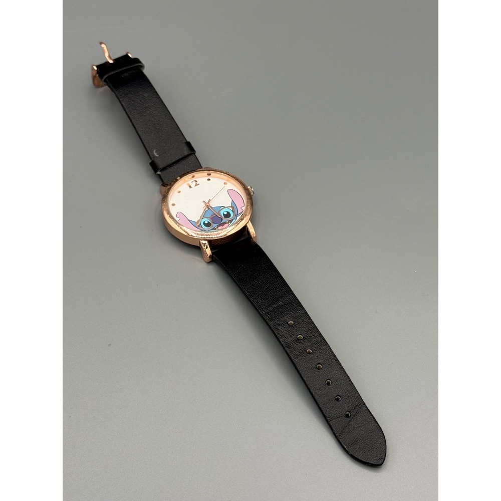 Disney Lilo & Stitch Rose Gold Tone Watch Black Faux Leather Strap LAS2500WM